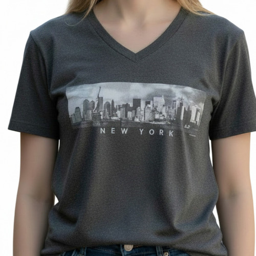 Gray NYC BW Skyline Photo Ladies Fitted Tee