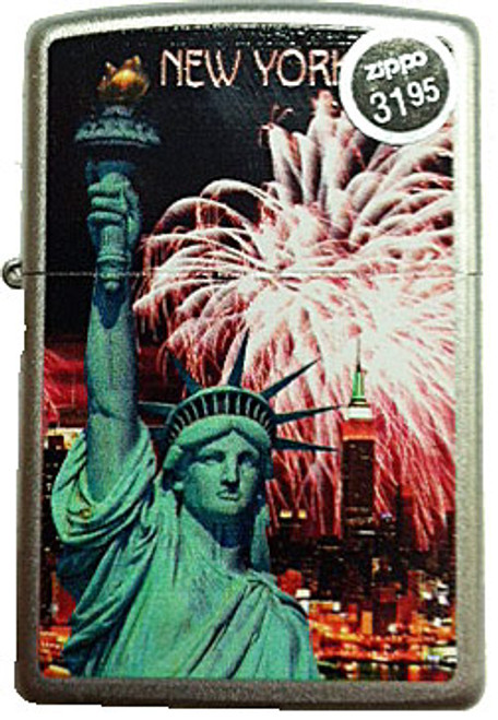 NY Liberty Red Fireworks Satin Chrome Zippo