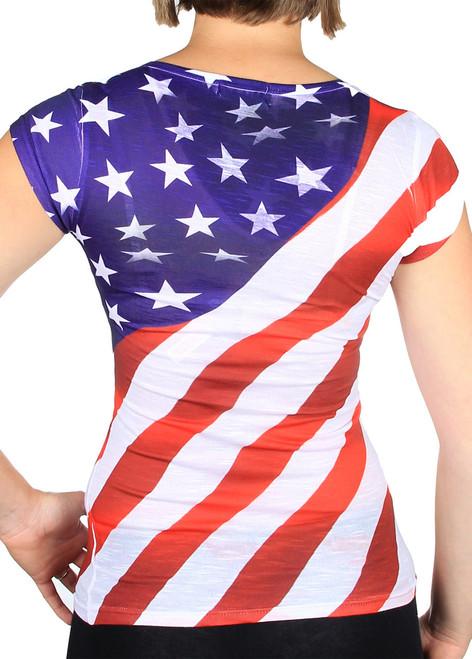 New York American Flag V-Neck Rhinestone Ladies T-Shirt - back