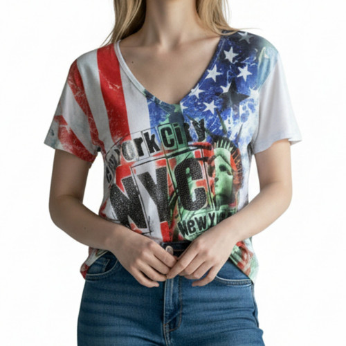 New York American Flag V-Neck Rhinestone Ladies T-Shirt