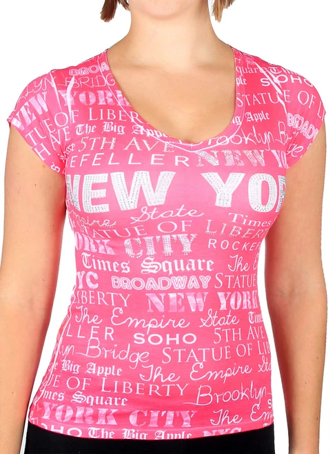 NY Landmarks Hot Pink Rhinestone Ladies T-Shirt - front
