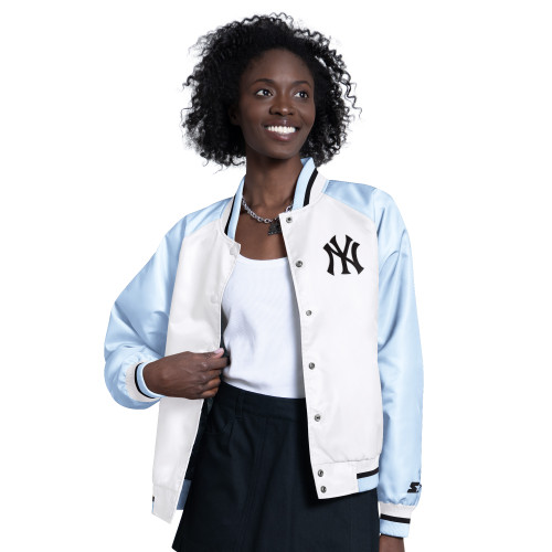 NY Yankees Ladies Satin Varsity Jacket - Ice Blue
