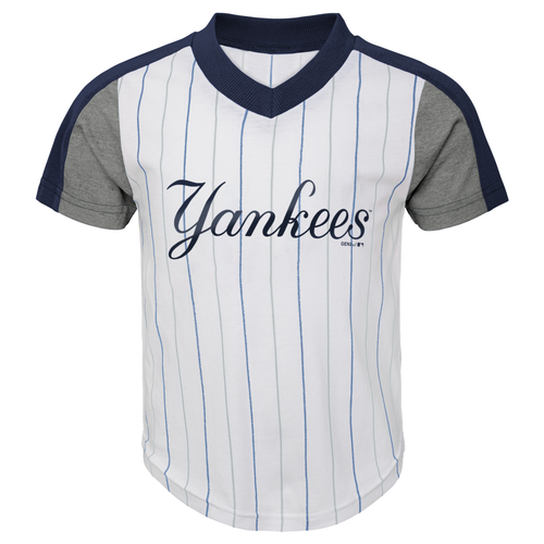 New York Yankees - Striped Logo Scrum Juniors V-Neck T-Shirt Blue