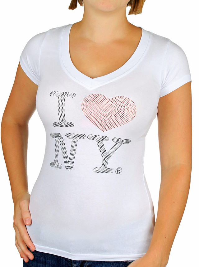 T-shirt Femme I Love NY Gris - Col V, Manches Courtes, Taille S, Coton, Occasion Très Bon état