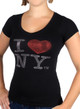 I Love NY Rhinestone V-Neck Ladies Tee - Black