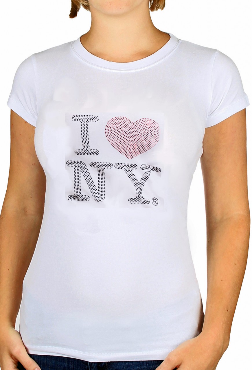 【TLLDAWN】 ART RHINESTONE 1/2 SLEEVE TEE (W) WHITE WhiteI Love NY Rhinestoned Fitted Tee