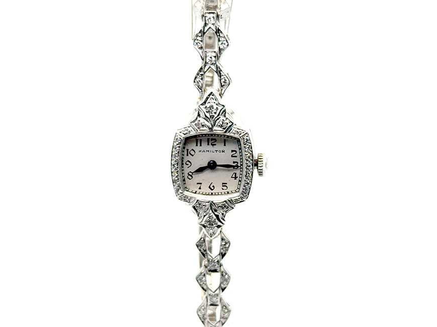 Art Deco Platinum Hamilton Ladies Wrist Watch 1ct Diamond