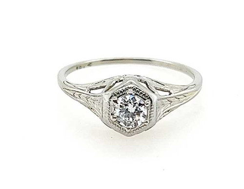 Art Deco 18K White Gold Diamond Engagement Ring Antique Original 1930s