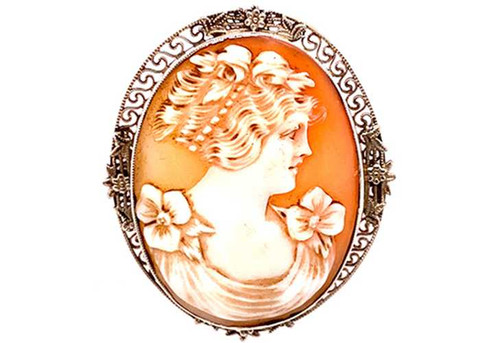 Vintage Cameo Brooch Art Deco Flowers Pin 14K White Gold