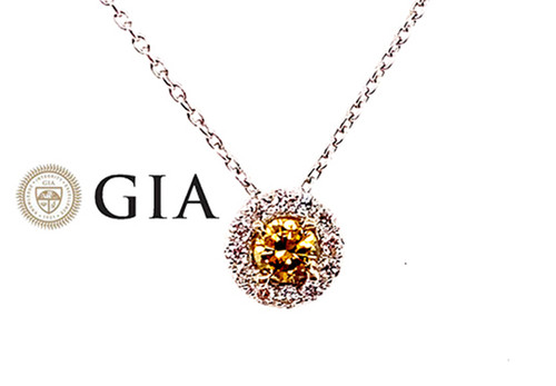 GIA Fancy Yellow Diamond Pendant Diamond Halo Necklace .25ct Brand New 14K