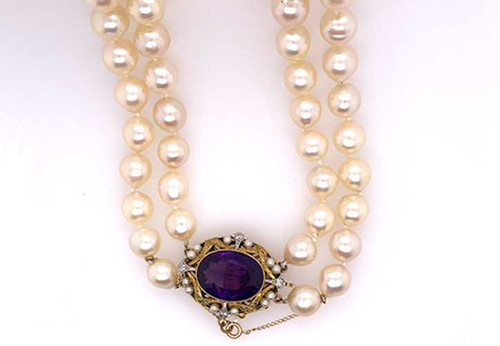 Vintage Amethyst Diamond Pearl Necklace 10.65ct Antique Victorian 14K