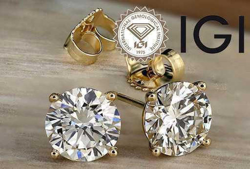  Diamond Stud Earrings Round IGI Certified 4 Carat E SI1 Ideal 4ct 4 Prong 14K Yellow Gold 