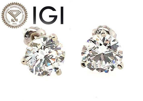  Diamond Stud Earrings IGI Certified 2 Carat Round D SI1 Ideal 2ct Martini Screwback Solitaire 14K White Gold 