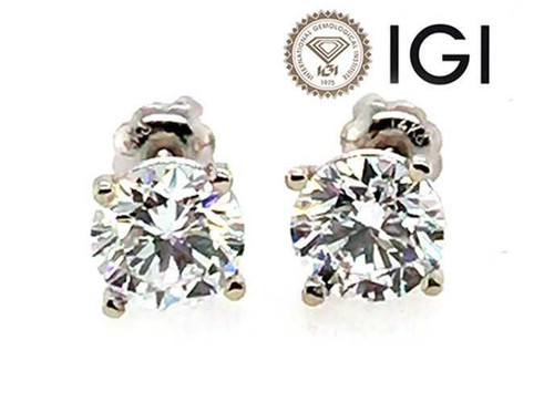  Diamond Stud Earrings IGI Certified 2 Carat Round D SI1 Ideal 2ct 4 Prong Screwback Solitaire 14K White Gold 