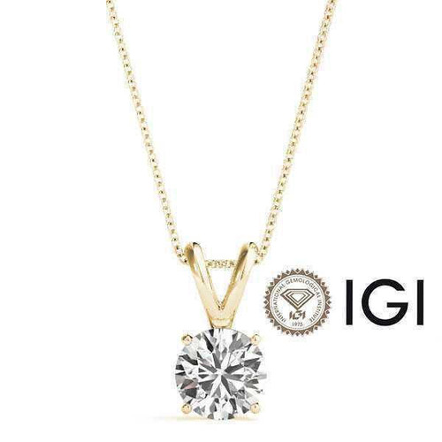 Diamond Pendant Necklace 3 Carat F VS1 Ideal Chain 4 Prong IGI 3ct Lab Grown 14K Yellow Gold