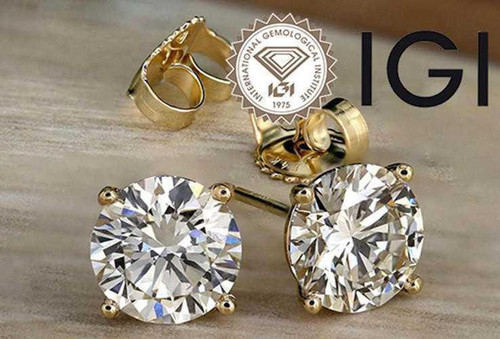  Diamond Stud Earrings 4 Carat Round IGI Certified Lab Grown E VS2 Ideal 4ct 4 Prong 14K Yellow Gold 