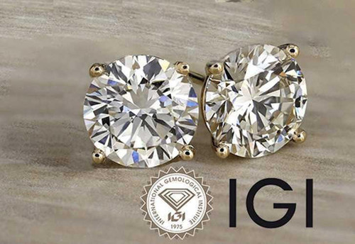  Diamond Stud Earrings 4 Carat Round IGI Certified Lab Grown E VS2 Ideal 4ct 4 Prong 14K Yellow Gold Screwback 