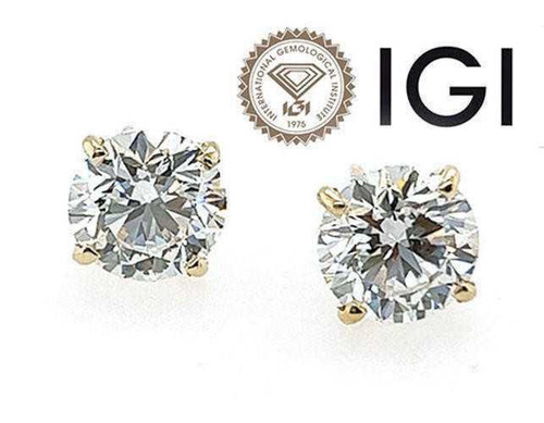 Diamond Stud Earrings 2.12 Carat IGI Certified Lab Grown D VVS2 Ideal 2ct 4 Prong 14K Yellow Gold