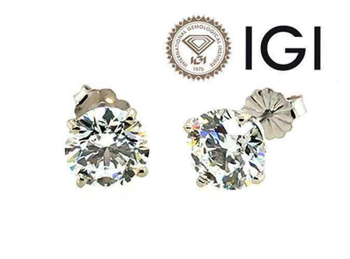 Diamond Stud Earrings 2.12 Carat IGI Certified Lab Grown D VVS2 Ideal 2ct 4 Prong 14K White Gold