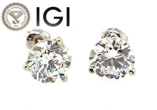 Diamond Stud Earrings 2.12 Carat IGI Certified Lab Grown D VVS2 Ideal 2ct 3 Prong Martini 14K White Gold Screwback