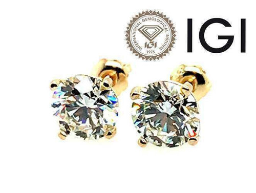  Diamond Stud Earrings 2.20 Carat IGI Certified Lab Grown D VS1 Ideal 2ct 4 Prong Screwback 14K Yellow Gold 