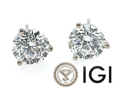 Diamond Stud Earrings 3 Carat D VS1 Round Ideal IGI Certified 3ct Martini 14K White Gold