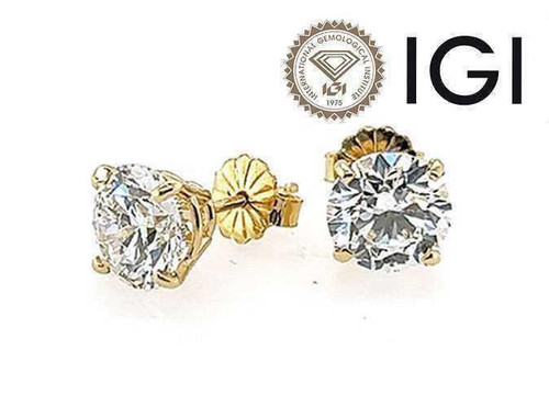 Diamond Stud Earrings 3 Carat D VS1 Round Ideal IGI Certified 3ct 4 Prong 14K Yellow Gold