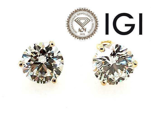  Diamond Stud Earrings 3 Carat D VS2 Round Ideal IGI Certified 3ct Martini Scewback 14K Yellow Gold 