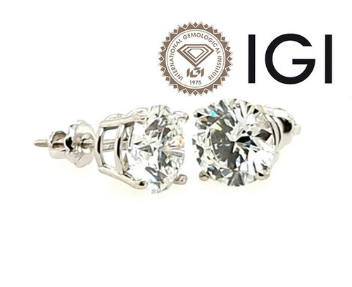 Diamond Stud Earrings 3 Carat D VS1 Round Ideal IGI Certified 3ct 4 Prong Screwback 14K White Gold