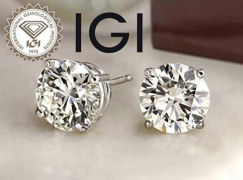 Diamond Stud Earrings Lab Grown IGI Certified 4 Carat E VS1 Ideal 4ct 4 Prong 14K White Gold