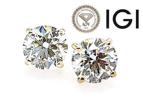 Diamond Stud Earrings Lab Grown 3 Carat G VS1 IGI Ideal Cut 3ct 4 Prong 14K Yellow  Gold