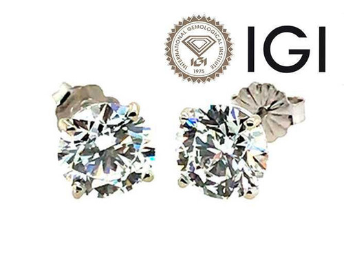 Diamond Stud Earrings Lab Grown 3 Carat G VS1 IGI Ideal Cut 3ct 4 Prong 14K White Gold