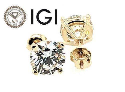 Diamond Stud Earrings Lab Grown 3 Carat G VS1 IGI Ideal Cut 3ct 4 Prong Screwback 14K Yellow Gold