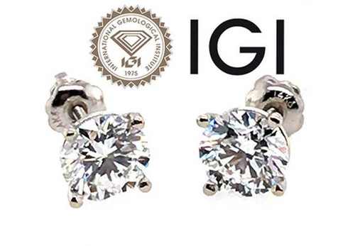 Diamond Stud Earrings Lab Grown 3 Carat G VS1 IGI Ideal Cut 3ct 4 Prong Screwback 14K White Gold