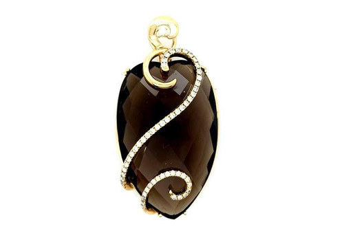 GIANT Smokey Quartz Diamond Pendant 14K Yellow Gold .44ct Mined Zeghani