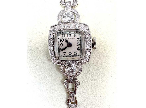 Art Deco Ladies Diamond Platinum Wrist Watch Hamilton 2.60 Carat Antique