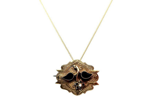 Victorian Onyx Pearl Pin Brooch Flower Pendant 14K Yellow Gold Antique Original 1860's
