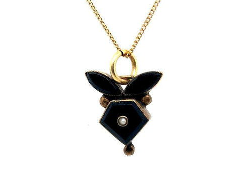 Victorian Onyx Pearl Necklace Pendant 14K Yellow Gold Antique Original 1850's