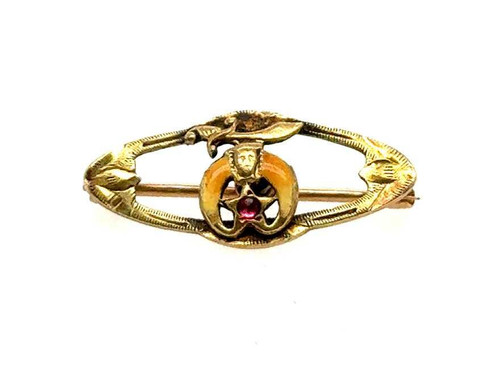 Victorian Shriner's Masonic Mason Enamel Ruby Pin Brooch Yellow Gold Antique