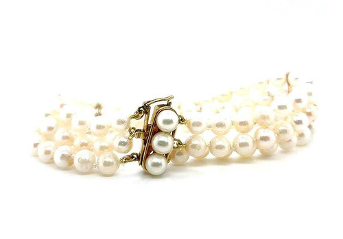Pearl Bracelet 14K Yellow Gold Clasp 6.5mm Triple Pearl Strand 8 Inch