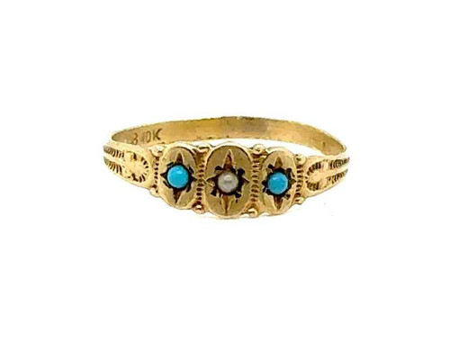  Victorian Pearl Turquoise Baby Ring Original 1880's Yellow Gold Ostby & Barton Co 