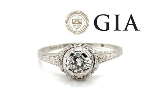 Art Deco 1/2ct Diamond Ring GIA H SI1 Platinum Antique Maison Birks Mined Stone