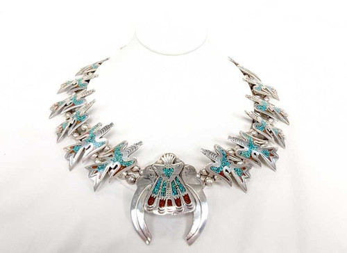 Charlie John Turquoise Coral  Squash Blossom Necklace Navajo Sterling Silver
