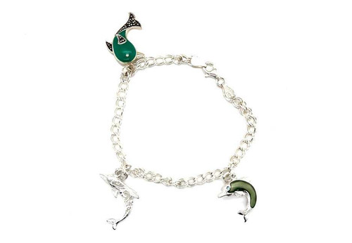 Dolphin Enamel Charm Bracelet Sterling Silver Green and Turquoise Dolphins