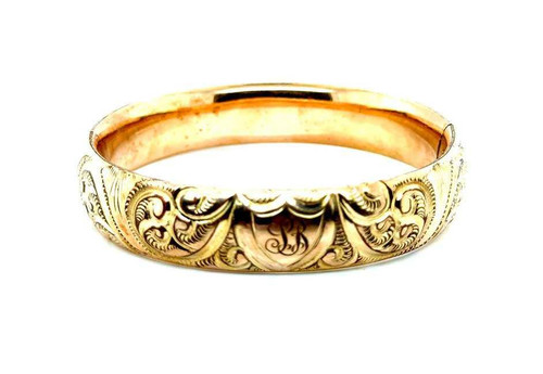  Art Deco Bangle Bracelet 14K Gold Shell Antique Engraved Original 1930's 