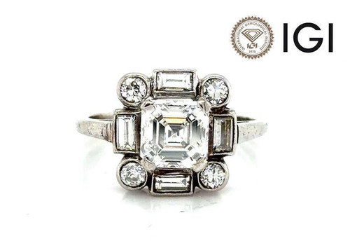 Art Deco Diamond Engagement Ring Asscher 2.17ct IGI Original 1920's Platinum