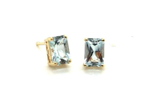  Aquamarine Rectangular Cut Stud Earrings 1ct March Birthstone 14K Yellow Gold 