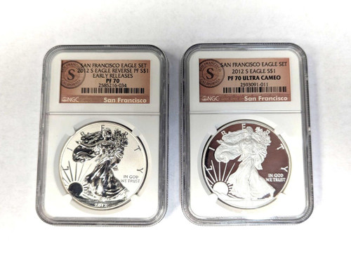 2012 S Reverse Proof US Silver Eagle PF 70 NGC Certified 2 Coin Set Ultra Cameo