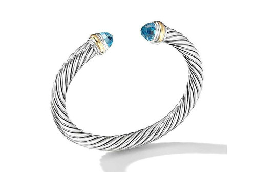 David Yurman Blue Topaz Bangle Cable Bracelet 7mm Sterling Silver 14K Gold