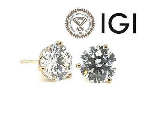Diamond Stud Earrings 2 Carat D VS1 IGI Certified Lab Grown Ideal 2ct Martini 14K Yellow Gold